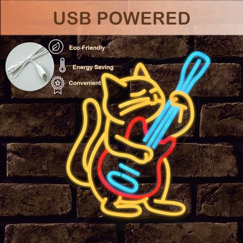 Image of Guitar Cat Neon Sign LED Music Light Colorful USB Powered LED Music Wall Decor for Bedroom Studio Party gifts for Teens Cat Lovers and Guitar Fans