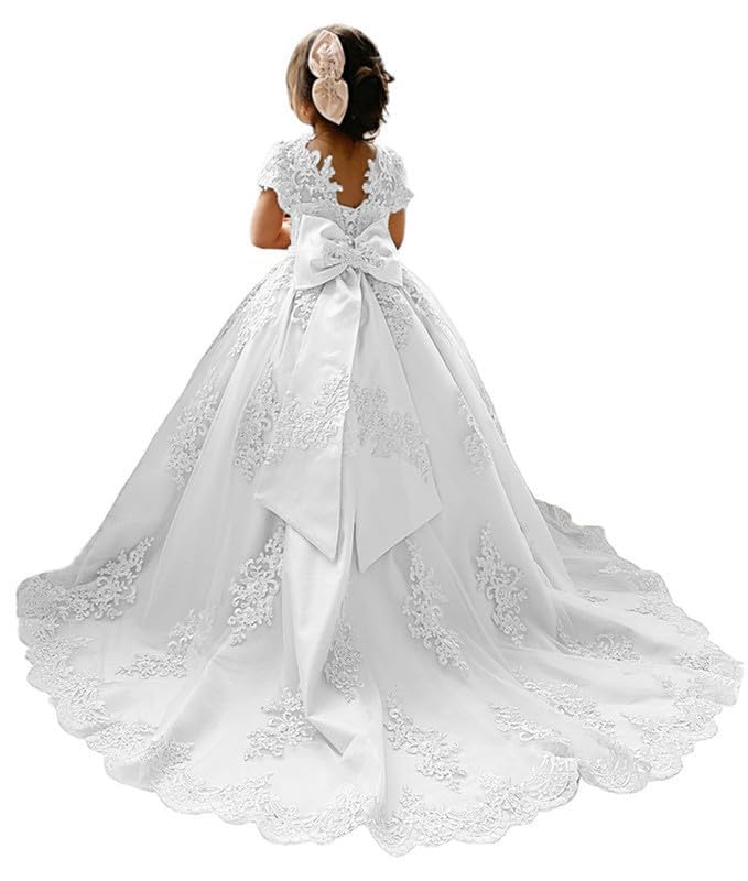 Flower Girl Dress with Sleeves Appliques Bow-Knot Pageant Dresses for Girls Ball Gown Party Dress