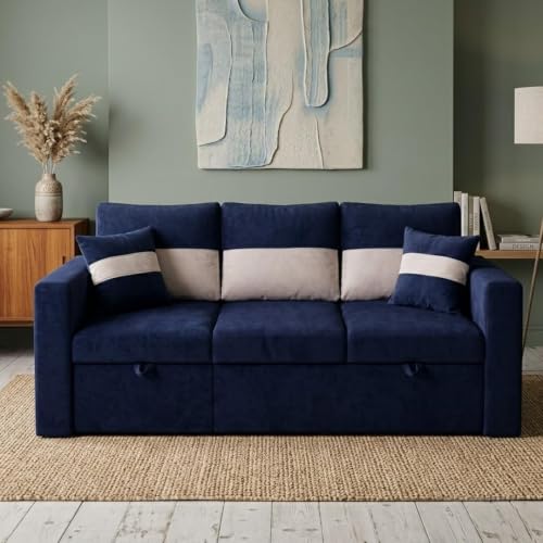 Image of FURNY Soria 4 Seater LHS Lounger Sofa Cum Bed (Dark Blue - Cream) with Pull-Out Function | Luxury Velvet Suede Finish | Durable Comfort | Ideal for Living Room
