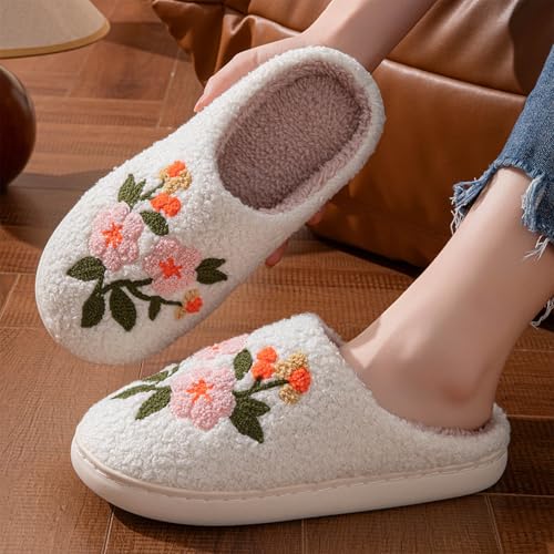 Slippers For Women Fuzzy, Women's House Slipper Cute Retro Embroidery Plush Memory Foam Slippers Warm Bedroom Couple Shoes Comfortable3