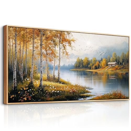 ERQINHUA Canvas Wall Art For Living Room Large Wall Decor For Bedroom Forest Landscape Painting Lakeside Watercolour Home Decorations Picture Office Farmhouse Ready To Hang Wood Framed 30x60 Inches