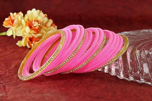 Image of NMII Fancy Glass Golden Zircon Diamond Stone & Velvet Finish Plain Bangles Set For Women & Girls | Glass Velvet Bangles | Kanch ki Chudiyan | Girl's Bangles Bracelet | Fashion Jewellery- Set of 32
