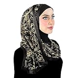 Middle Eastern Mall スタイリッシュ モナ・ヒジャブ レディース ブラック クウェート シフォンラップショール&サテントリム付き, ブラック、ゴールドネクサス。, Large