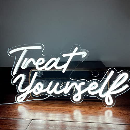 Image of Treat Yourslef Neon Signs White LED Letter Neon Light Sign USB Power for Wall Decor Bedroom Wall Birthday Party Christmas Wedding Decoration(16.5 * 8.7)