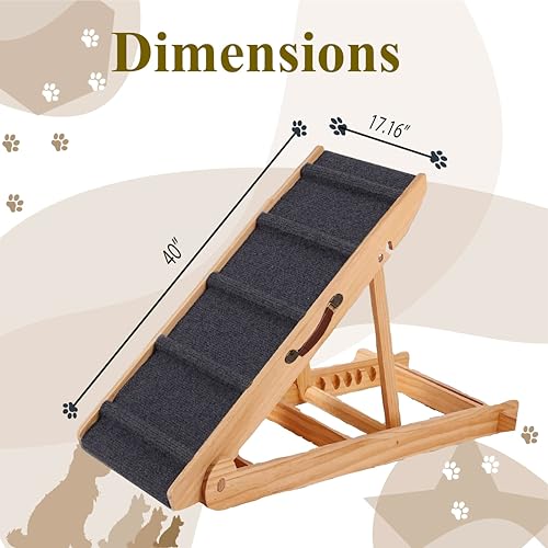 PAWBLISS Adjustable Dog Ramp for All Dogs | 6-Level (12.2"-25.5") Solid Wood Ramp | Non-Slip Carpet for Large & Small Dogs | Supports 200lbs | Portable Dog Ramp for Bed & Couch with Leather Handle - Image 5
