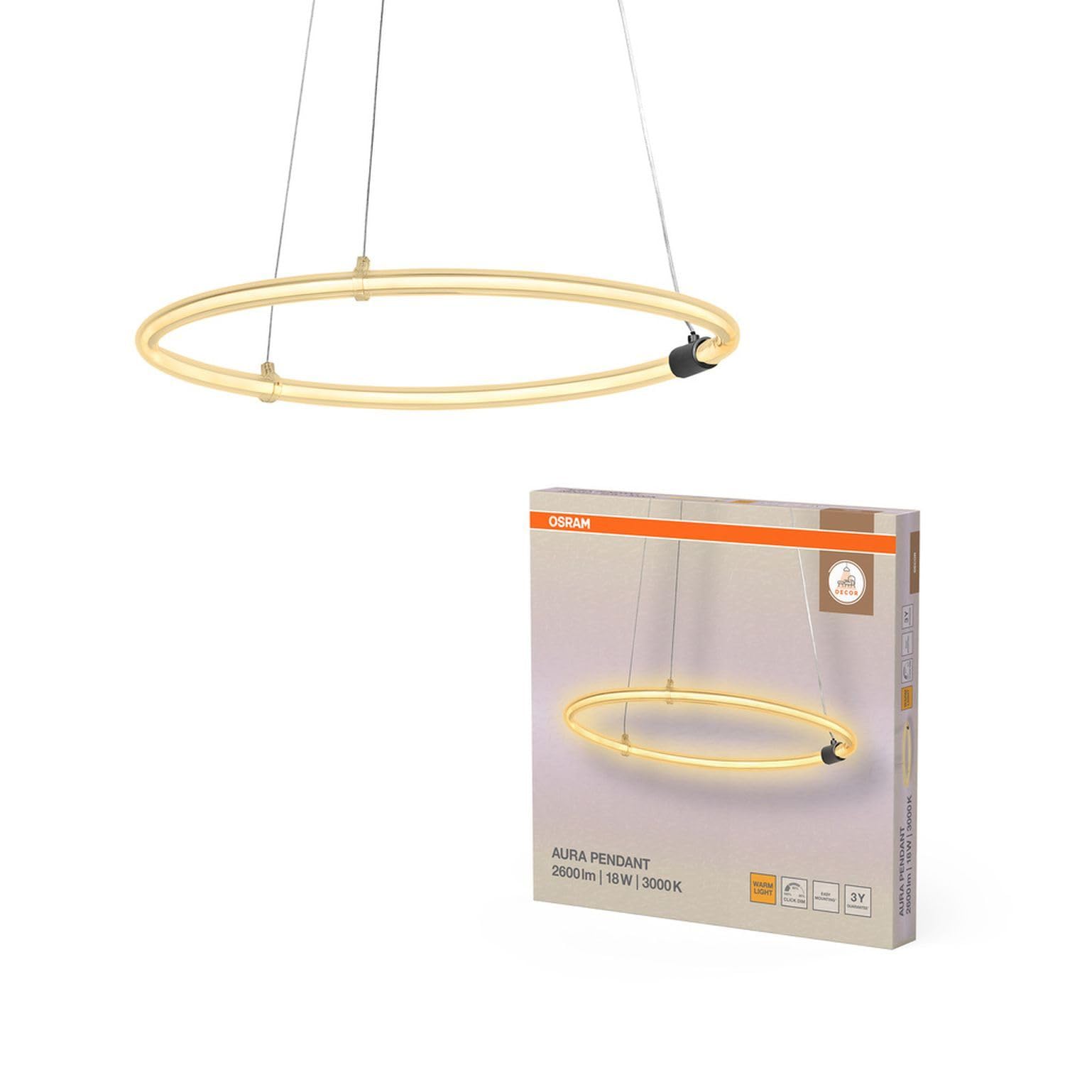 Osram Decor Aura - Lampadario a sospensione in policarbonato curvo con LED e filamento, 18 W, 2000 lm, 3000 K, 830 luce bianca calda, dimmerabile, grigio scuro, plastica (PC), 498 mm, IP20
