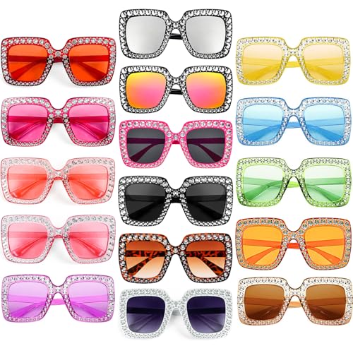 Pibupibu 4/8/16 Pack Colorful Bling Crystal Sunglasses Oversized Square Glitter Rhinestone Sunglasses for Women Party Favors
