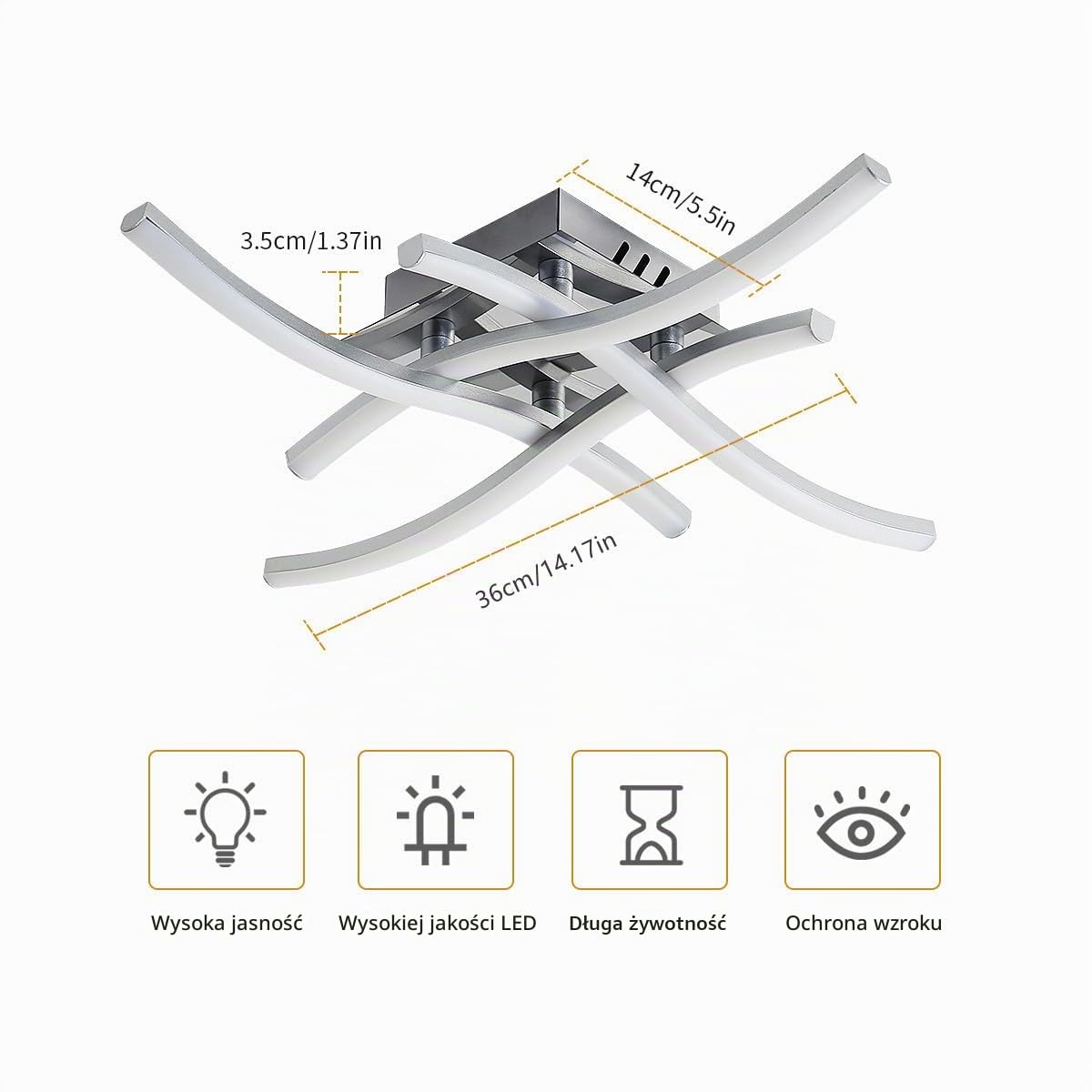 Pheashion Ściemnialna lampa sufitowa LED, 28W lampa LED do sypialni z pilotem, 3000K-6500K Nowoczesna zakrzywiona chromowana lampa sufitowa do salonu, korytarza, gabinetu (srebrna)