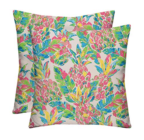 RSH DÃ©cor Indoor Outdoor Multi Color Prints - 2 Square Pillows Weather Resistant - Choose Color & Size (Vida Garden Pink Yellow Green Lilly Pineapple, 17"x17")