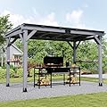 12.5'x6.5' Wood Grill Gazebo with Galvanized Steel Top, Wooden Permanent BBQ Gazebo with Shelves for Patio, Lawn, Garden