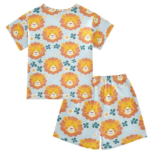 ALAZA Cute Lion Blossom Leaf Pajamas Set Short Sleeve Cotton Sleepwear Summer Pjs 2 Piece 5-14Y2