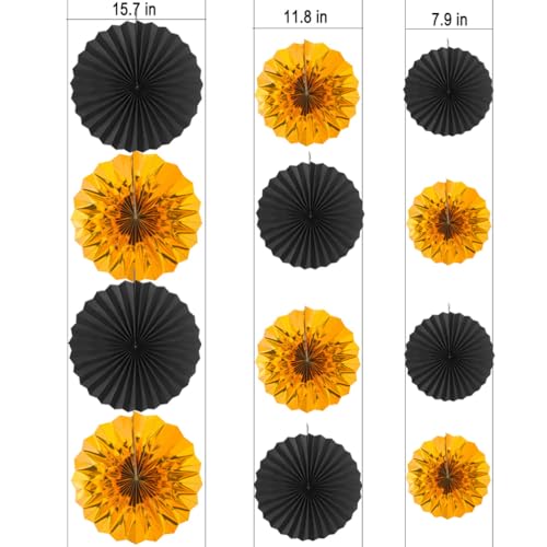 Image of MOWO Gold Black Paper Fans Wall Hanging Decoration, 12pc | Background Ceiling Hanging Decoration, For Birthday Graduation New Year Retirement, Theme Party Decoration