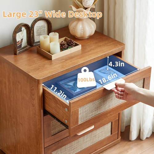 Image of LEYAOYAO Rattan Night Stand Set of 2 with Drawers, 23 inch Large 3 Drawer Boho Nightstand, Natural Wood Bedside Table Storage Cabinet, Bed Side End Tables Dresser for Bedroom, Living Room, Hallway, Closet