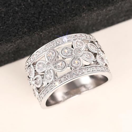 Graceful Silver Color Flower Rings for Women Bright Cubic Zirconia Finger Jewelry for Engagement