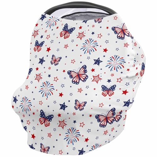 Nursing Cover for Breastfeeding Scarf, American Flag Butterfly Red Blue Stars Fireworks Baby Car Covers Super Soft Multi Use for Canopy Shopping Cart Cover Blanket Stroller Cover