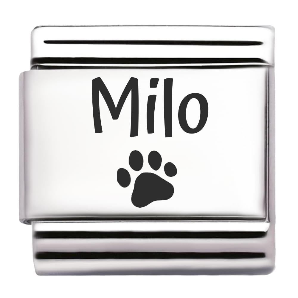 Pet Paw Name Personalised Custom Engraved Italian Charm Fits All 9mm Bracelet Links. Dog or Cat (Milo)