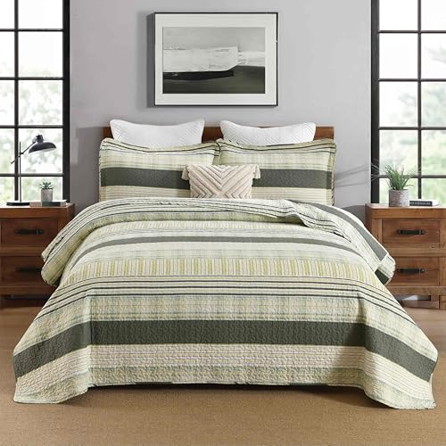 Image of Homzard 100% Cotton Quilt King Size, Green Yellow Striped Plaid Quilt Bedding Set,Olive Green Lightweight Soft Farmhouse Bedspread Coverlet,Summer Spring Lightweight King Size Comforter Set 3 Pieces