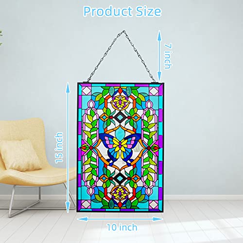 Viveta Butterfly Stained Glass Window Hangings, 10" W X 15" H Suncatcher Panel Windows Wall Decor With Metal Frame & Chain #TOP1