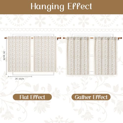 Image of Yinhua Boho Kitchen Curtains 36 Inch Length Vintage Linen Cafe Curtains Light Filtering Bohemian Floral Tier Rod Pocket Farmhouse Rustic Tassel Small Drapes with Tiebacks, 2 Panels, White Beige