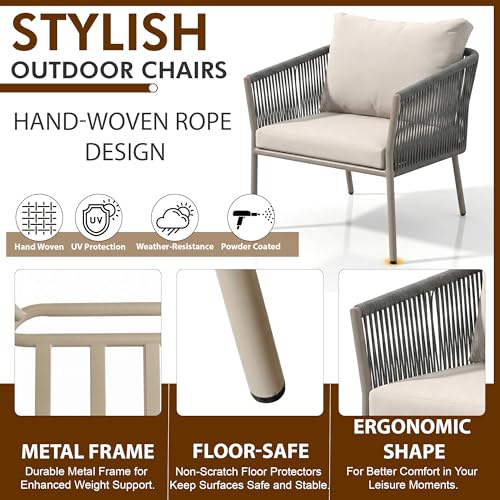 Image of BRISHI Braid & Rope Garden Patio Seating Chair and Table Set Outdoor Balcony Garden Coffee Table Set Furniture with 1 Table and 2 Chairs Set with Cushion (Grey and White), 61 cm , 61 cm , 81.3 cm
