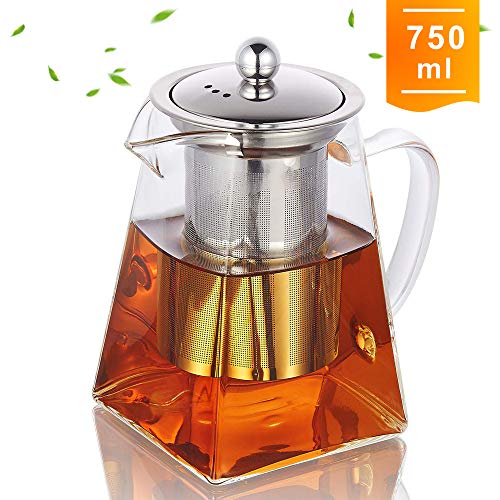 Highbor Clear Glass Tea Pot with Strainer, 750 ml/26.4oz Borosilicate Glass Teapot