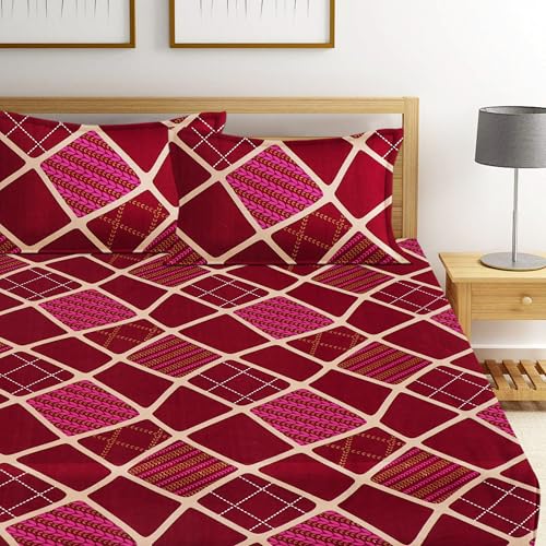 Image of DECORUM Glace Cotton Fitted 1 Bedsheet King Size (72 inchx78 inch) | All Around Elastic | Cotton Feel | 2 Pillow Covers (17 inchx27 inch) | Fits Up to 8 inch Mattress | 200-220 TC | Printed Double Bed Sheet Set