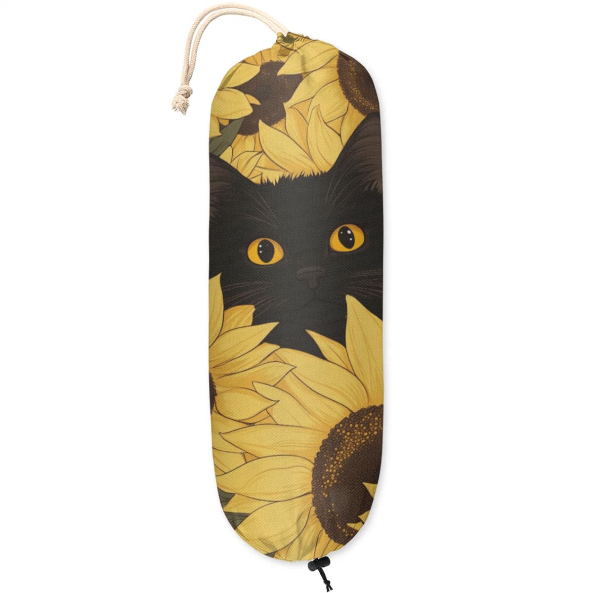Sabokido Animal Cat Plastic Bag Holder Yellow Sunflower Grocery Bag Storage Dispenser Washable Hanging Shopping Bags Carrier Reusable Wall Mount Trash