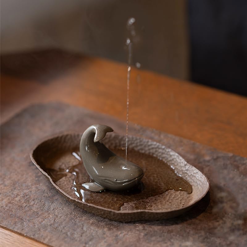 Hormsdar Hand-Made Spray Water Whale Tea Pet Funny Cute Purple Clay Statue Kung Fu Tea Tray Decor Lover's Gift Home Office Desk Feng Shui Ornament (A)