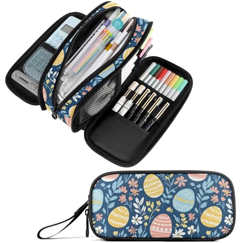 Image of Fustylead Colorful Easter Eggs and Flower Large Pencil Pen Case Stationery Bag 3 Compartments School College Office Organizer