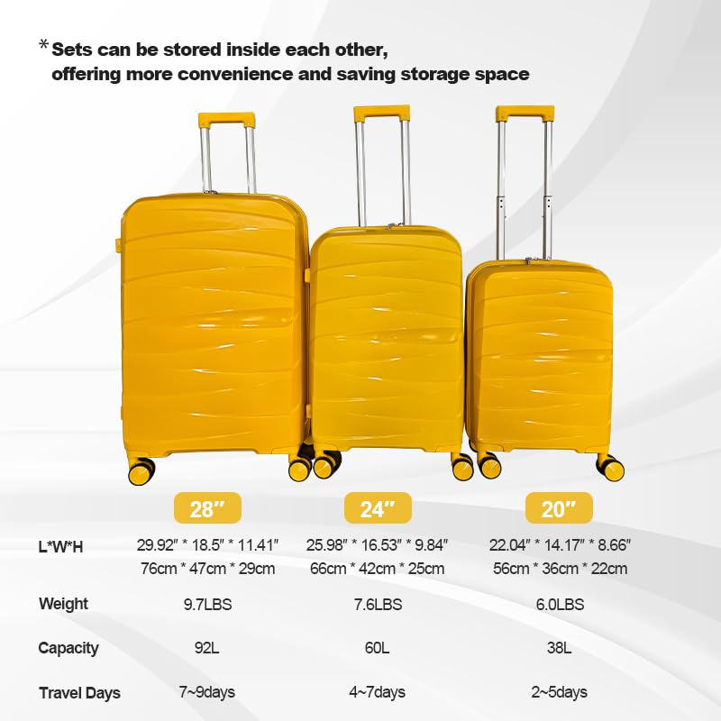 Luggage Sets(20in/24in/28in) with Spinner Wheels Hard Shell Luggage Hardside 3-Piece Set Lightweight Rolling Suitcase with TSA Lock for Travel Antique Yellow2