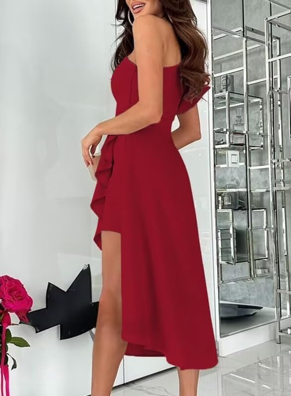 A-line Ruffles Satin Wedding Guest Dress for Women, Midi One Shoulder Neck Formal Dress Cocktail Dress2