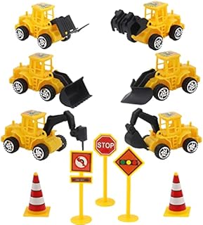 kukifun 11pcs mini construction vehicles Cake topper set, truck cake toppers for birthday party supplies 6 PCS Construction Trucks Toys 5 Pieces Road Sign decorations