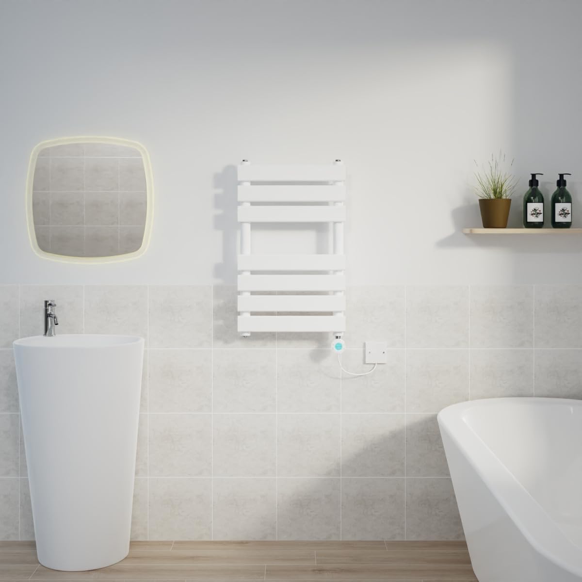 Warmehaus White 650X400mm Designer Flat Panel Electric Heated Towel Rail Thermostatic Timer Bathroom Towel Radiator 400W