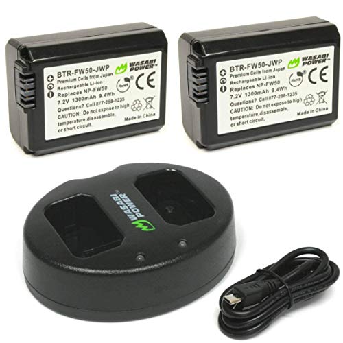 NP-FW50 Wasabi Power Camera Battery (2-Pack) and Dual USB Charger for Sony Alpha