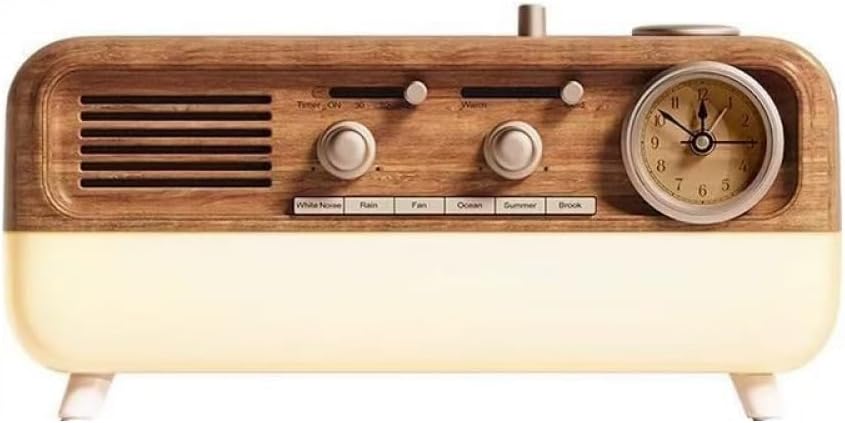 L-wk-00300 Sleep Machine, Retro White Noise Sound Machine with Clock, Wooden and Cream, Bluetooth 5.1, LED Light, 6 Sleep Sounds, 9.9×2.8×4.6 Inches