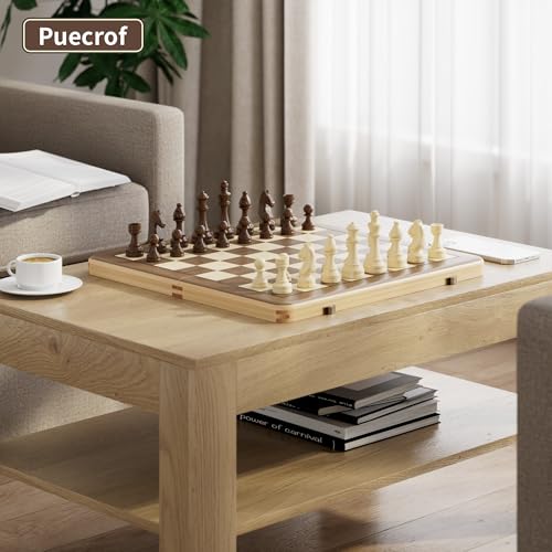 Image of 15 Inch Magnetic Wooden Chess Set, Pine Wood Folding Chessboard with Brown Dual-Sided Storage Trays, 2 Extra Queens & Dust-Proof Bag, Portable Travel Board Game(Brown)
