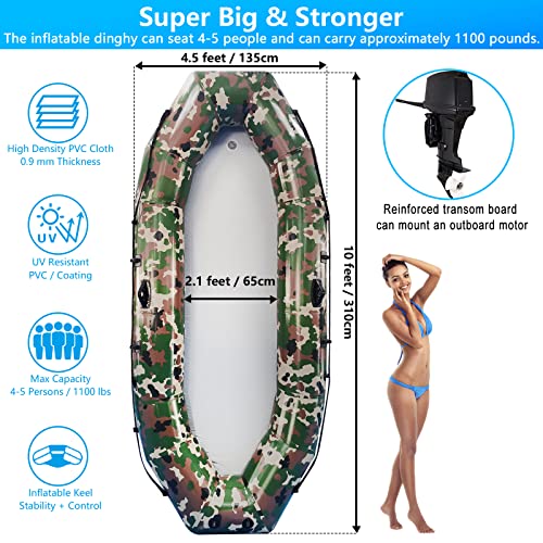 Gzkyylegs 10 Feet Inflatable Sport Boats For Adults, 4-5 Person Fishing Dinghy Boat - Rafting Tender With Inflatable Cushion & Paddle - Folding Portable Kayak For Touring, Floating On Rivers Lakes #TOP5