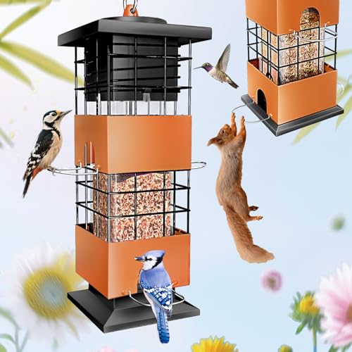 Bird Feeder Squirrel Proof for Outdoors Hanging, 3Lb Heavy Duty Waterproof Bird Feeders, Metal Birdfeeder with 4 Feeding Ports, Wild Birds Feeder for Cardinal, Bluejay (Brown)
