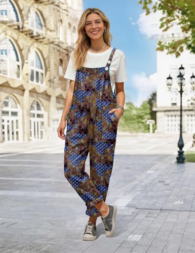 Image of YESNO Women's Overalls Cotton Boho Casual Floral Bib Jumpsuit Baggy Adjustable Strap Romper with Pockets PVV