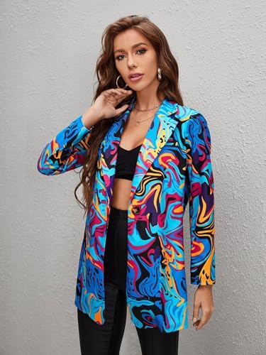 Women's Graphic Printed Blazer Button Open Front Colorful Long Sleeve Notch Lapel Pop Art Jacket Multicolored2