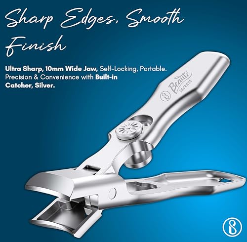 Beauté Secrets Thick Toe Nail Cutter with 10mm wide Jaw Opening, Self Locking Nail Clipper Ultra Sharp Nail Clipper With Catcher, Ultra Slim Portable Nail Cutter, Silver - Image 2