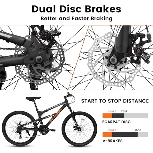 Image of Ecarpat 24 /26 /27.5 Inch Mountain Bike, Full /Front Suspension Mens Boys Mountain Bike with 21 Speed Steel Frame and Dual Disc Brakes, Adult Sport Bicycle for Trail City Road, Gift Choice