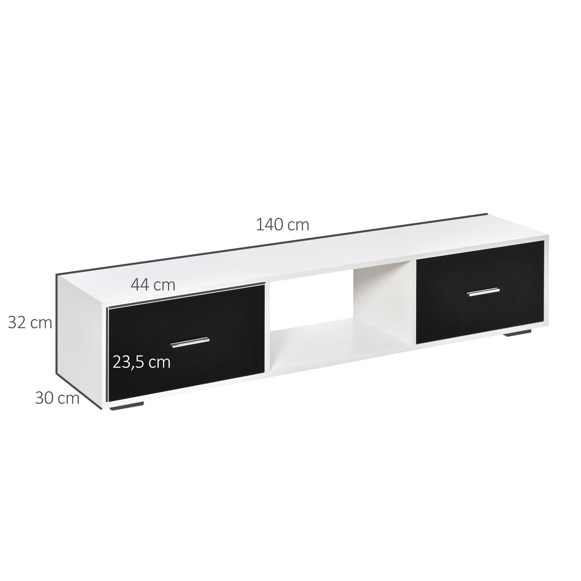 HOMCOM Mueble de TV para 60" con 2 Cajones 140x30x32 cm Blanco y Negro | Mesa para TV de Salón, Estilo Moderno, Compartimento Abierto