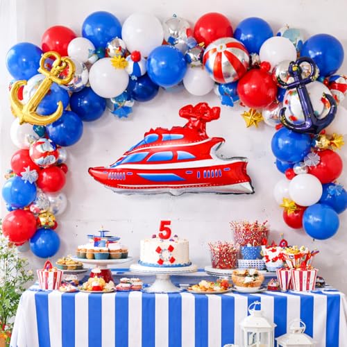 Image of Rozi Decoration Yacht Shape Foil Balloon for Birthday Parties Decoration, Boat Theme Balloon for Kids Celebration, Nautical Party Decor and Event Setup (Red and Blue Design) Pack of 1 Pcs