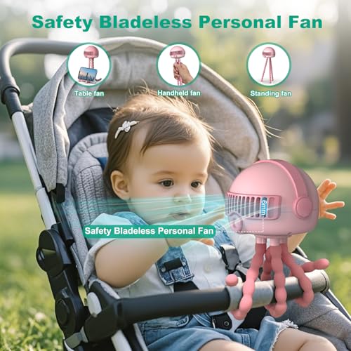 Image of Portable Baby Stroller Fans, 4000mAh Battery, 3-Speed Cooling Fan with Safety Net, Low Noise, Compact & Multifunctional for Stroller /Crib /Car /Desktop /Camping - Baby Stroller Cooling Fans (Pink)