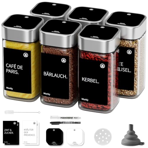 Miorkly Gewürzgläser Eckig Set [ Eckig Edelstahl Deckel ] 6 x 120ml,Gewürzstreuer mit Streueinsatz - Hochwertige Gewürzbehälter Spice Jars, Gewürzdosen, Gewürze organizer - Gewürze Aufbewahrung
