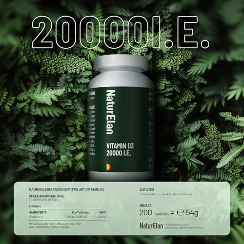 Vitamin D3 20000 I.E. Hochdosiert – 200 Tabletten im Jahresvorrat, Sonnenvitamin für Immunsystem, Vegetarisch, In Deutschland Produziert