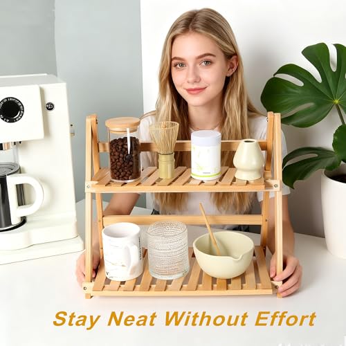 HORIBND Matcha Station Organizer - Bamboo Matcha Tray & Tea Station for Countertop, 2 Tier Foldable Coffee Station Organizer, Matcha Set Up Holder, Coffee Bar Accessories Display Rack