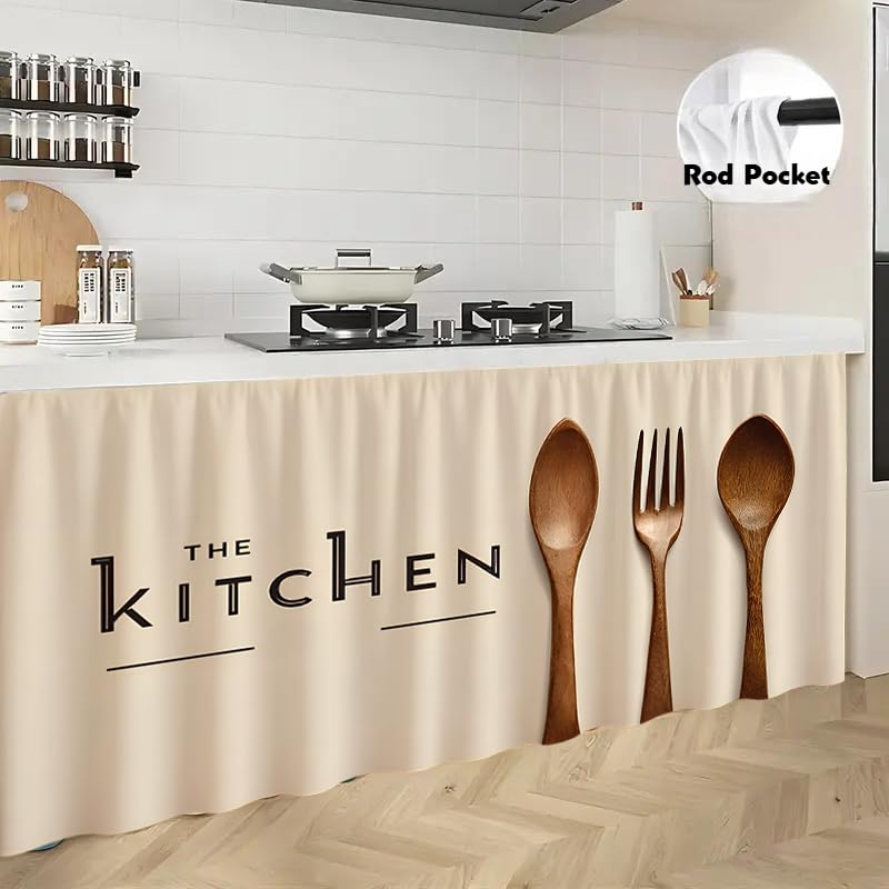 Image of Premium Printed Kitchen Sink Curtain | Washable & Dustproof Rod Pocket Counter Skirt | Perfect for Any Sink | Multicolor Cooking Theme Decor for Home & Kitchen(150cm X 70cm) (Cream)