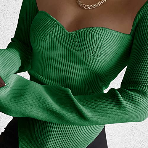 Image of Women's Square Neck Ribbed Knitted Sweater Long Sleeve Crop Slim Fitted Basic Pullover Tops